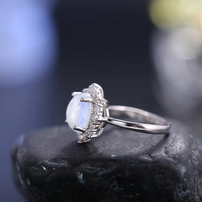 Moonstone engagement ring in gold and silver vintage style with diamond cz