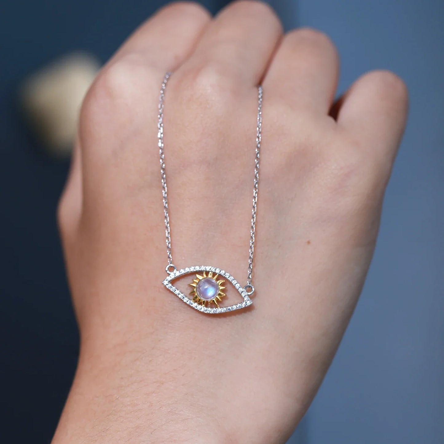 Evil eye moonstone necklace in silver protective necklace