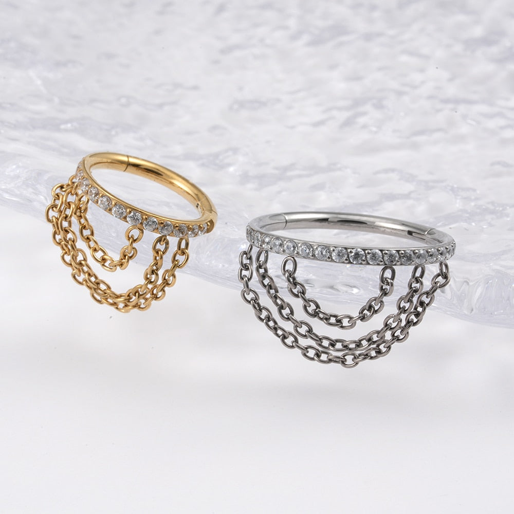 Helix hoop with chains and CZ titanium