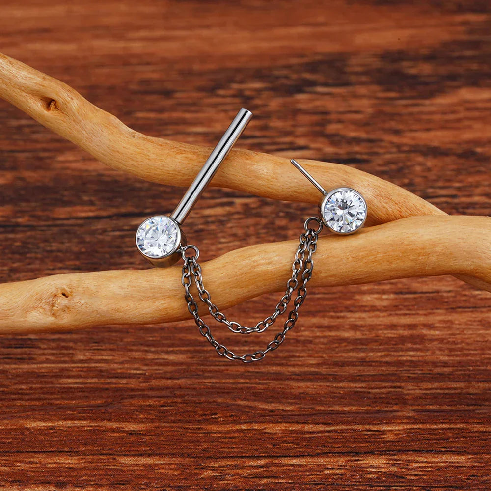 Nipple ring with chain 14g with diamonds gold and silver titanium 1 piece