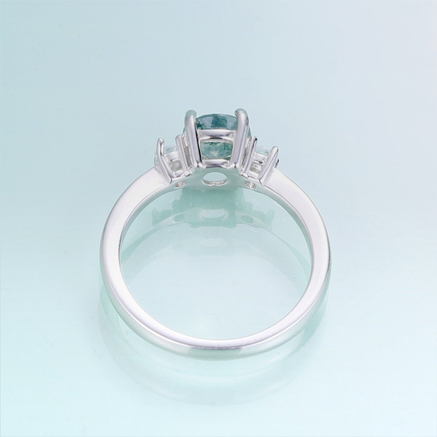 Green moss agate ring classic three-stone engagement ring in silver