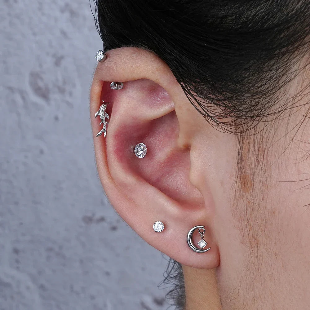 Moon stud earring with a clear CZ crescent moon titanium stud 16G