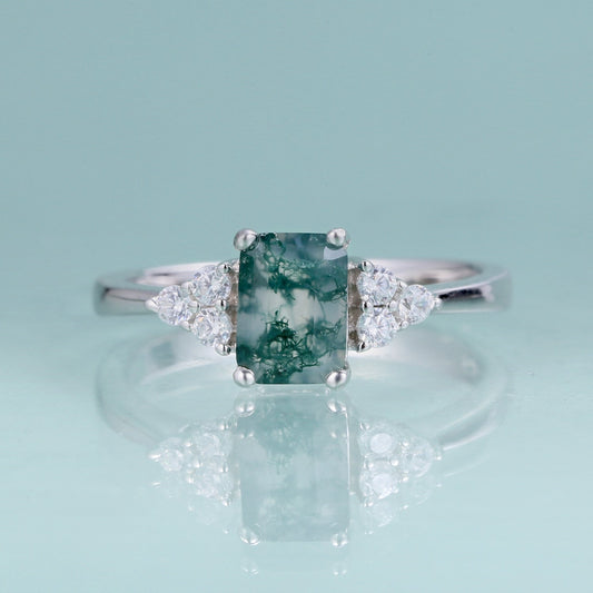 Emerald cut moss agate ring in silver