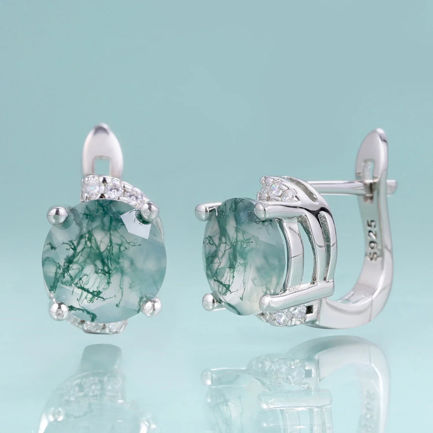 Moss agate earrings silver with green round moss agate dainty and classic