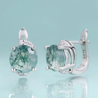 Moss agate earrings silver with green round moss agate dainty and classic