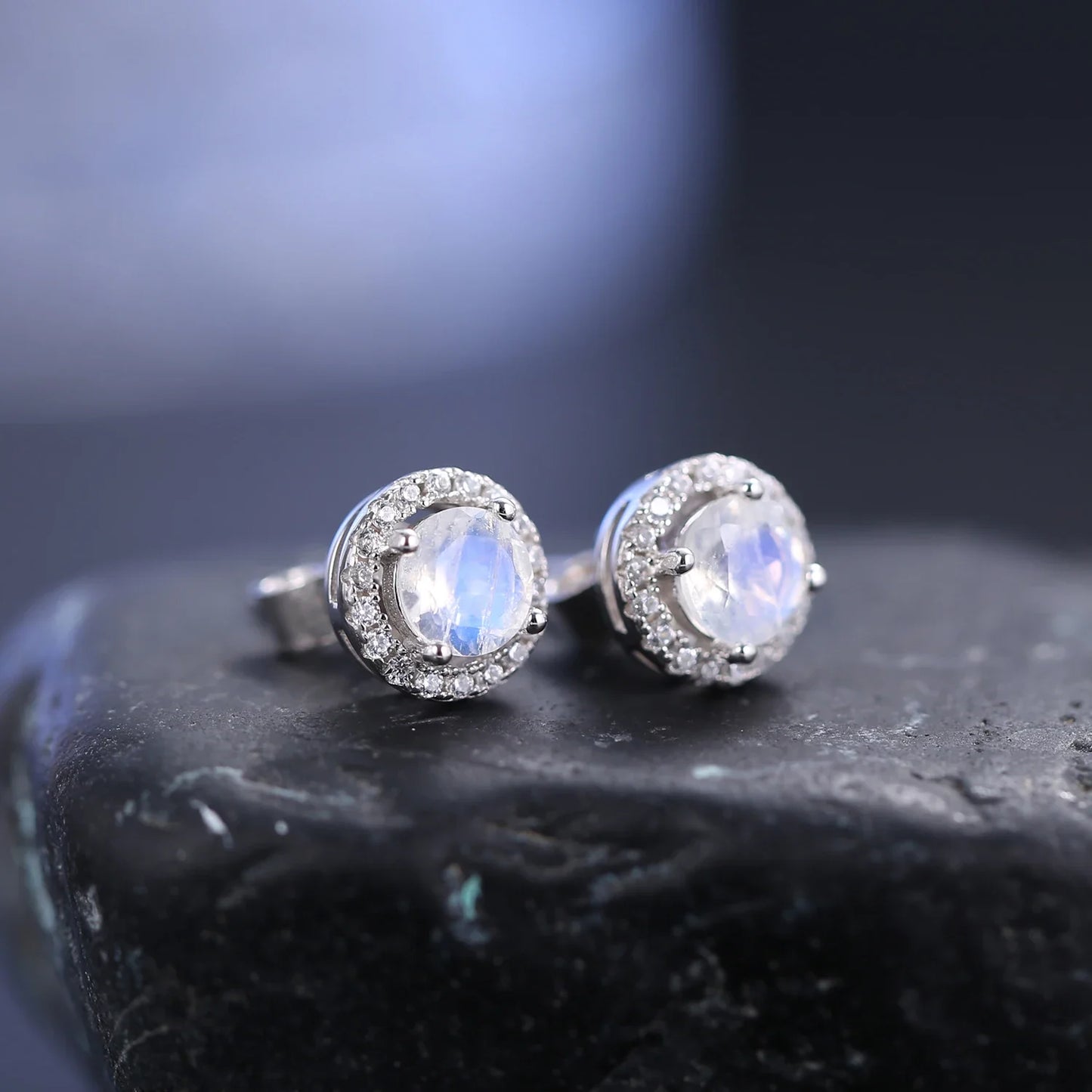 Moonstone earrings with round moonstones and clear cz silver stud earrings push back earrings