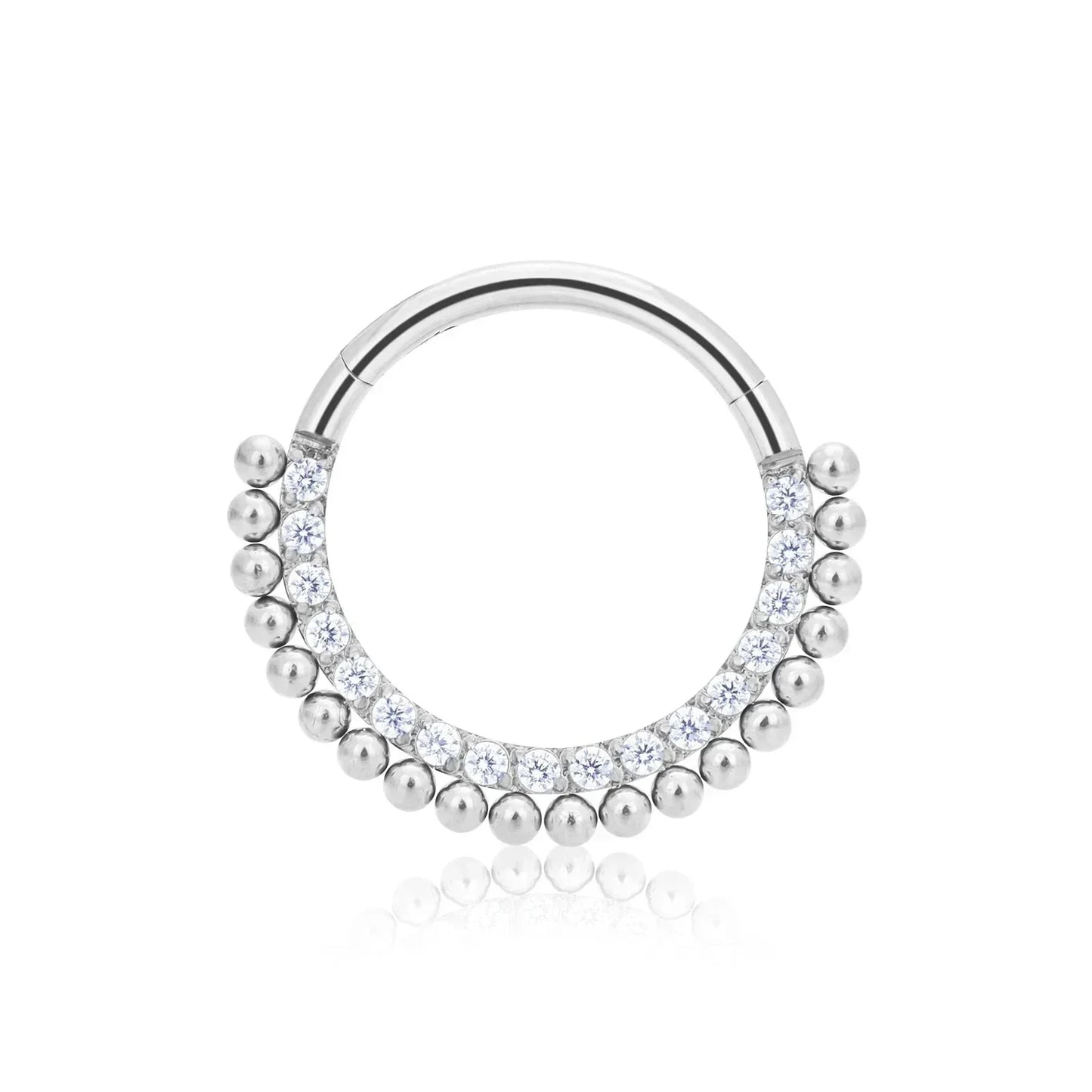 Rosary Milano silver hoop earring with clear crystals and beaded accents on white background