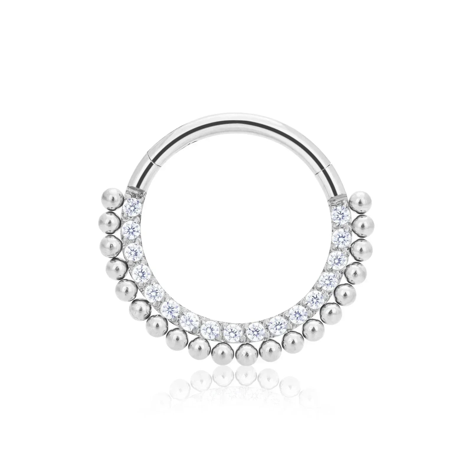 Rosary Milano silver hoop earring with clear crystals and beaded accents on white background