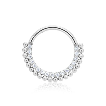 Rosary Milano silver hoop earring with clear crystals and beaded accents on white background