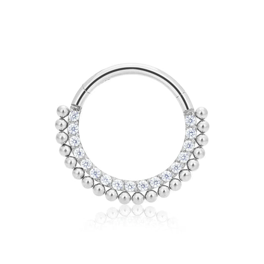 Rosary Milano silver hoop earring with clear crystals and beaded accents on white background