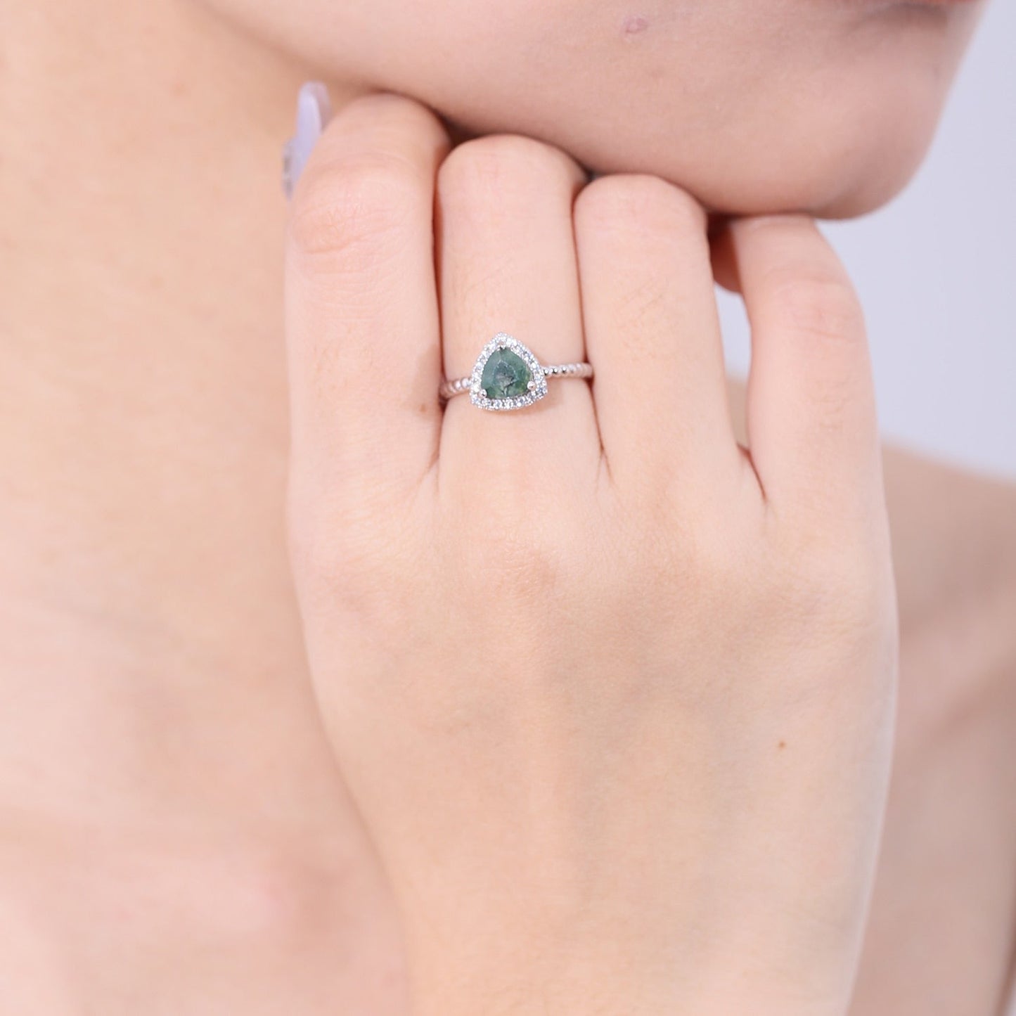 Moss agate ring trillion-cut in 925 sterling silver
