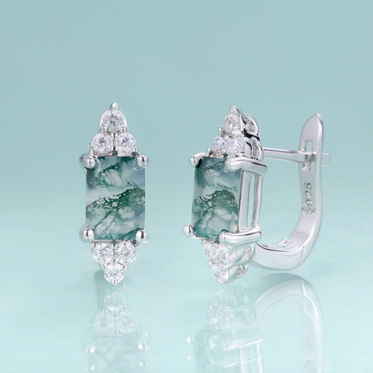 Sterling silver dangle earrings with rectangular green gemstones and clear crystals from Rosary Milano