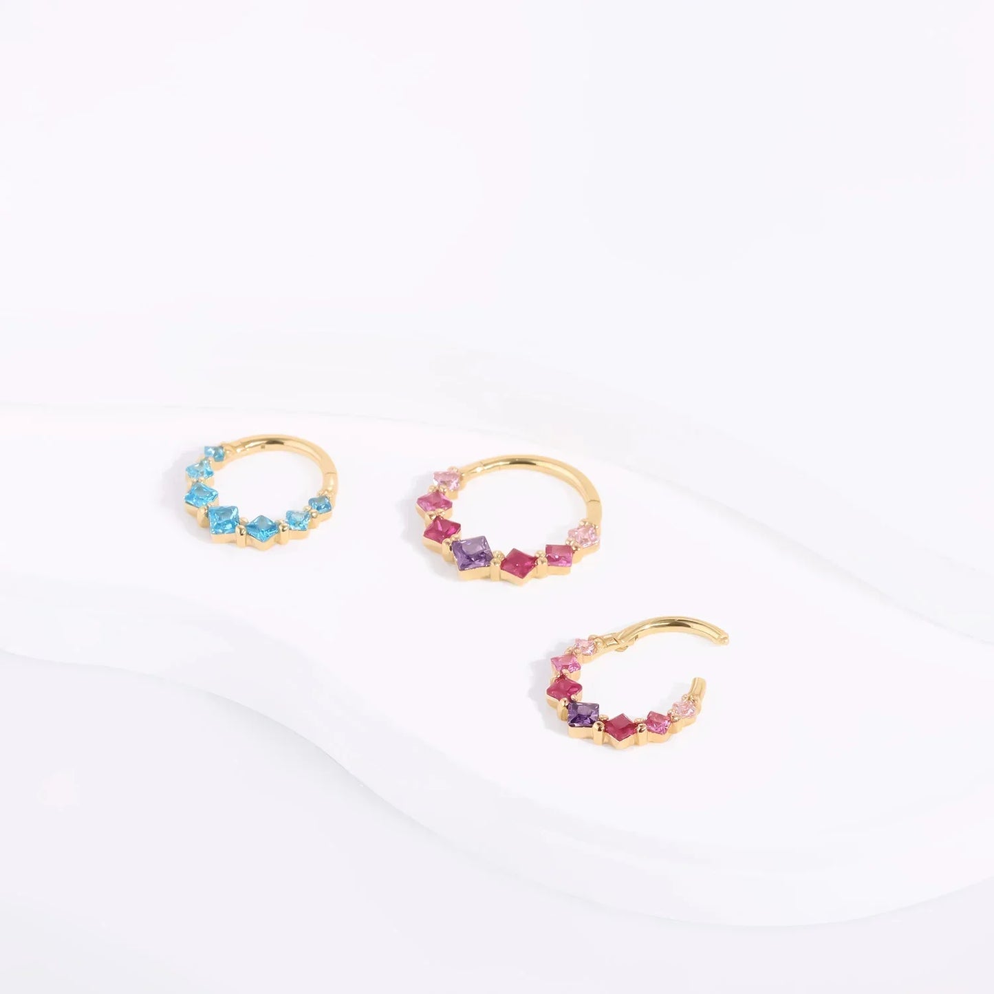 Real gold septum ring with pink blue CZ stones pretty and cute 14K gold nose ring