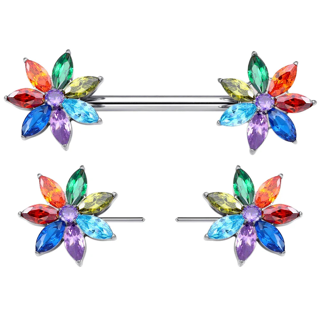 Flower nipple piercing straight barbells threadless push pin titanium 2 pieces 14G 16mm