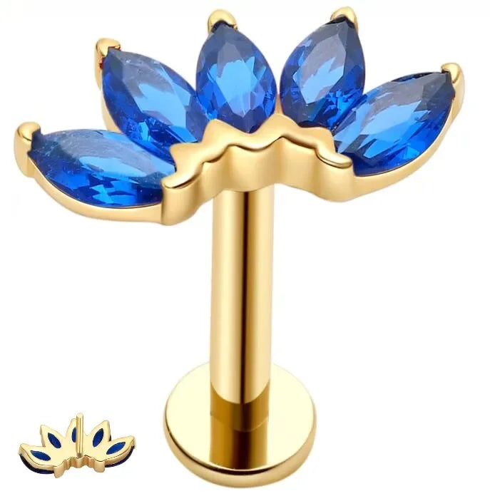 Gold lotus-shaped jewelry stud with blue crystal petals, Rosary Milano fashion accessory
