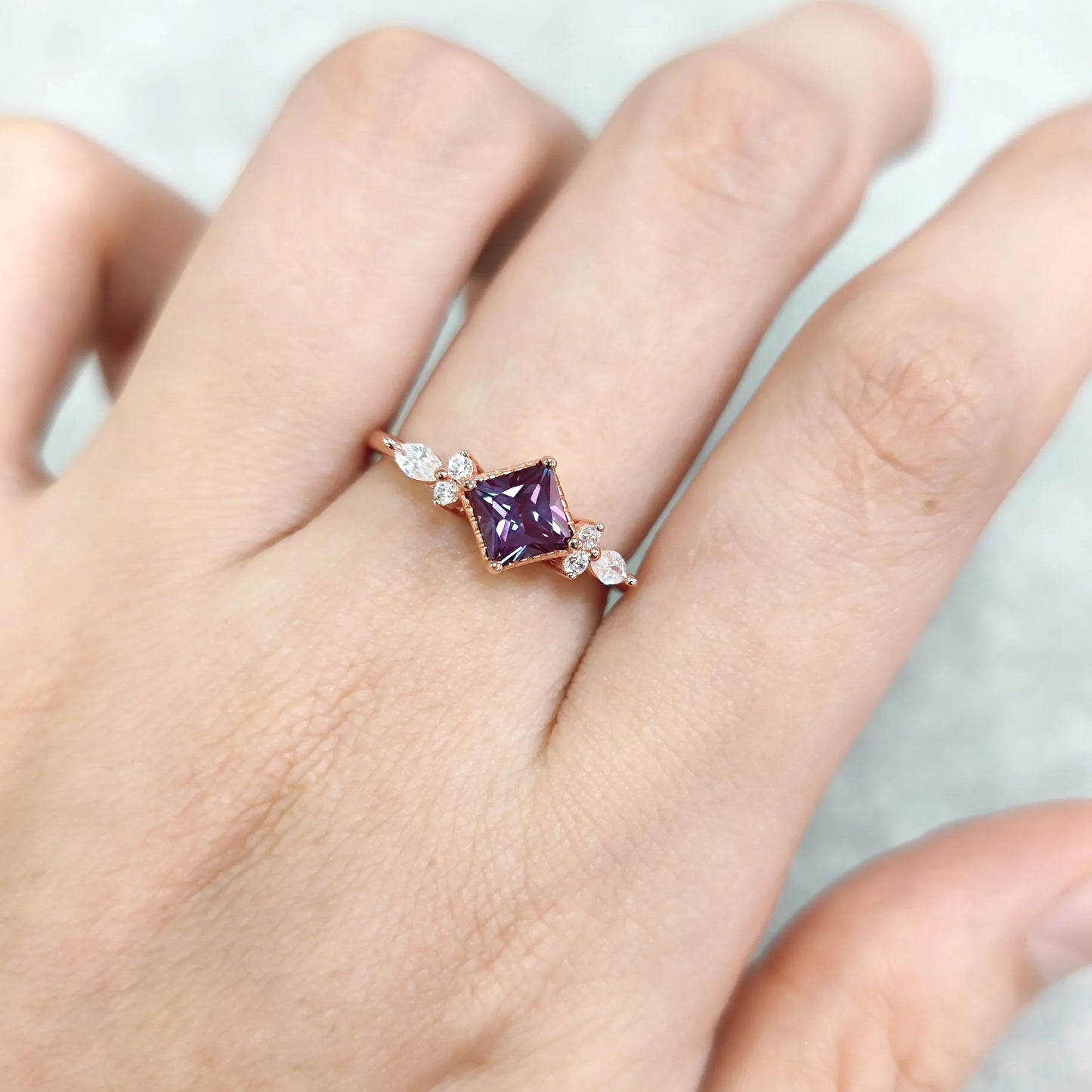 Rose gold alexandrite ring color changing