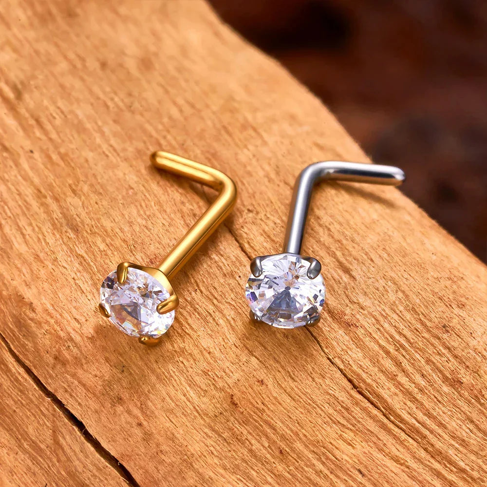 L shape nose stud with diamond titanium 20 gauge gold and silver nose ring