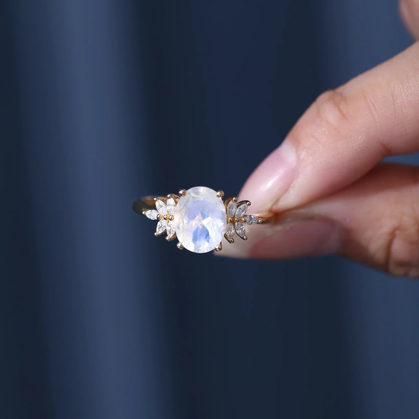 Moonstone wedding ring with a real moon stone and diamond cz
