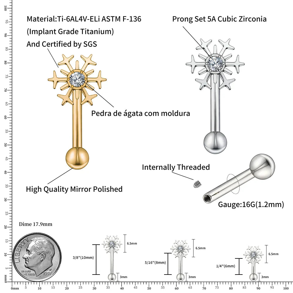 Rook piercing barbell with a snowflake curved barbell rook piercing gold silver titanium 16G