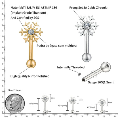 Rook piercing barbell with a snowflake curved barbell rook piercing gold silver titanium 16G