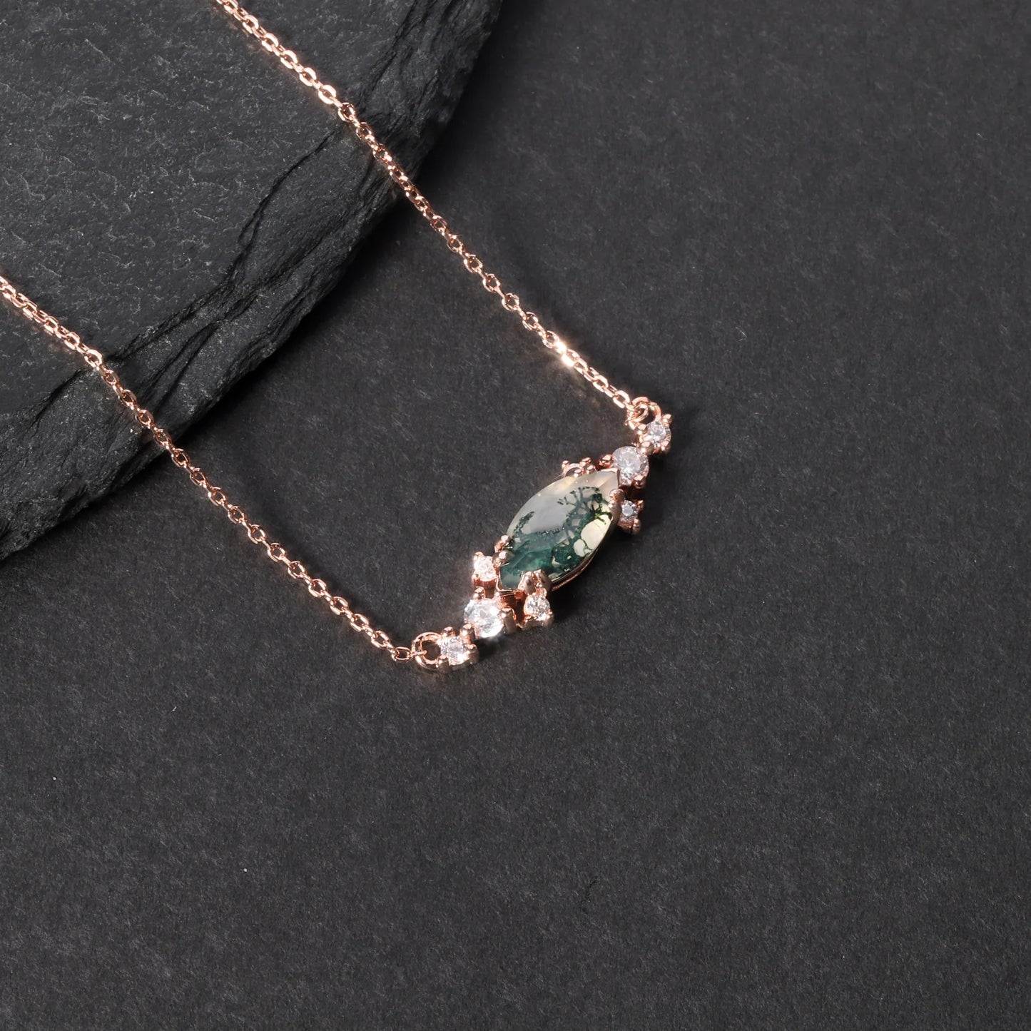 Moss agate pendant necklace with a marquise stone rose gold necklace