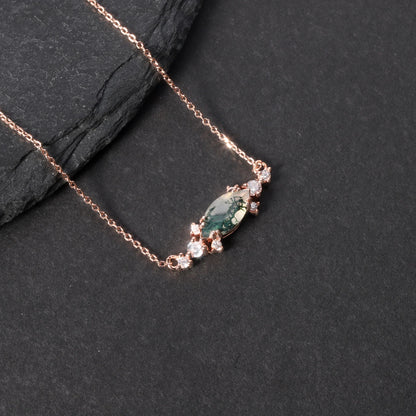 Moss agate pendant necklace with a marquise stone rose gold necklace