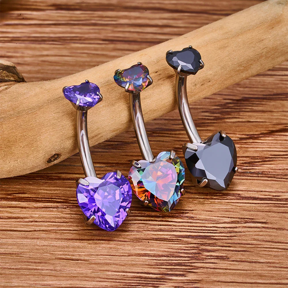 Heart belly button ring with pink clear red purple black CZ titanium heart belly piercing