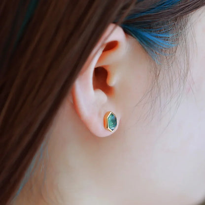 Gold moss agate stud earrings with hexagon moss agate stones
