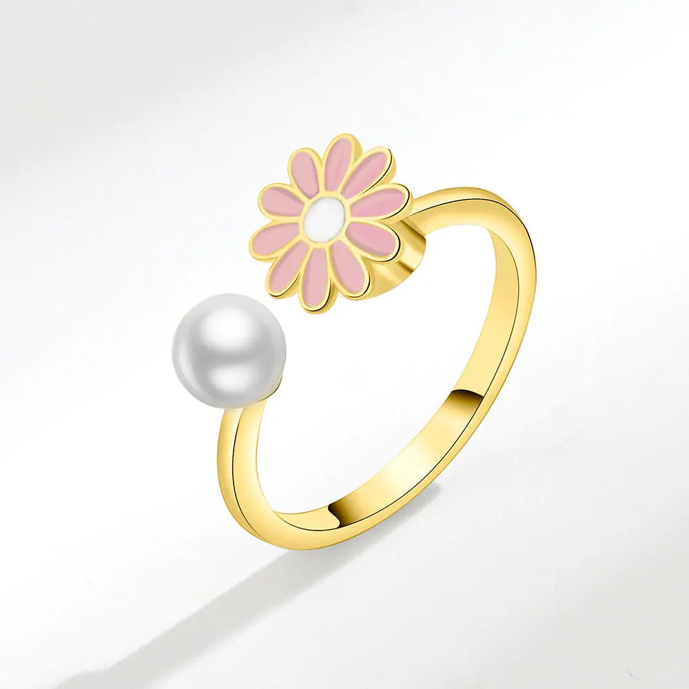 Anxiety ring for women red yellow and white flower sterling silver
