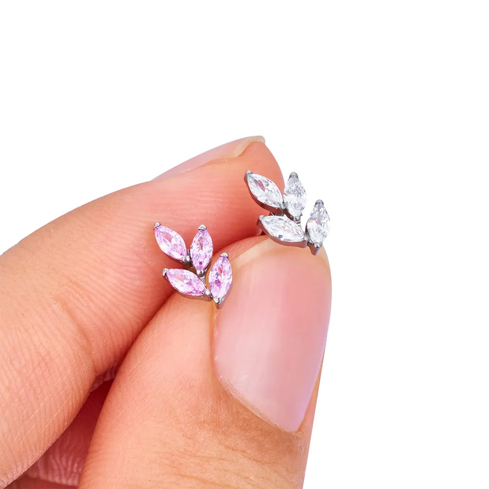 Forward helix stud 16G titanium leaf with CZ stones cute white pink green blue