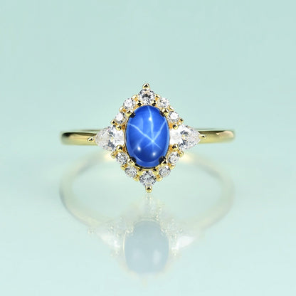 Blue star sapphire ring vintage style engagement ring