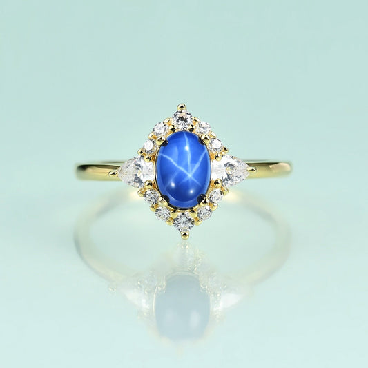 Blue star sapphire ring vintage style engagement ring