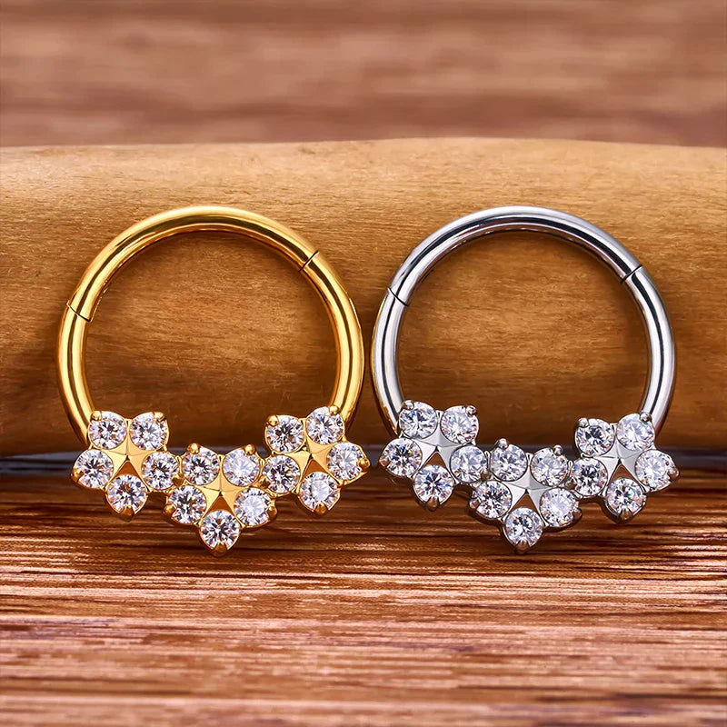 Flower septum ring 16G gold and silver titanium with CZ stones daith piercing jewelry nose rings
