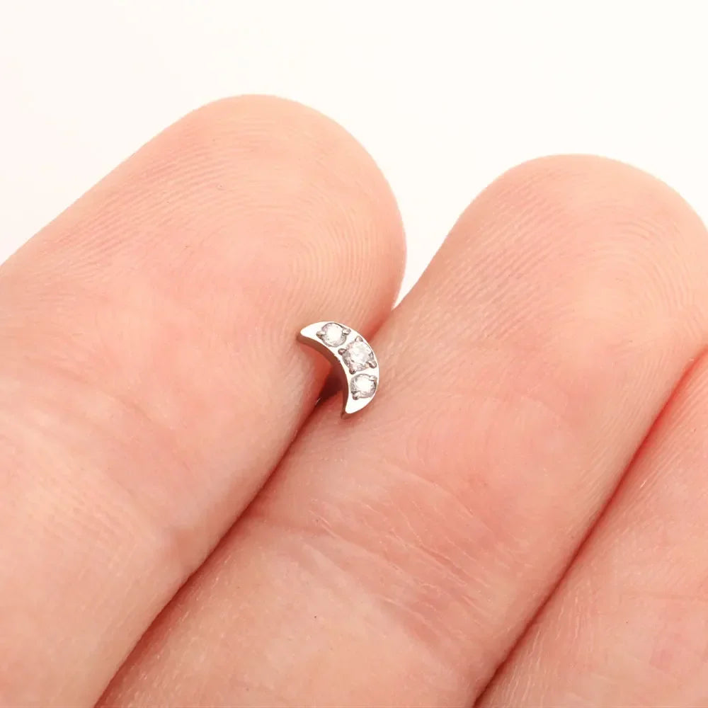 Crescent moon stud earring with clear CZ titanium nose stud cute and tiny