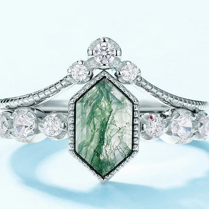 Moss agate engagement ring set with natural hexagon moss agate and sterling silver