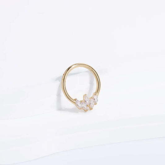 Gold hoop earring with three marquise-cut crystals from RosaryMilano on white background
