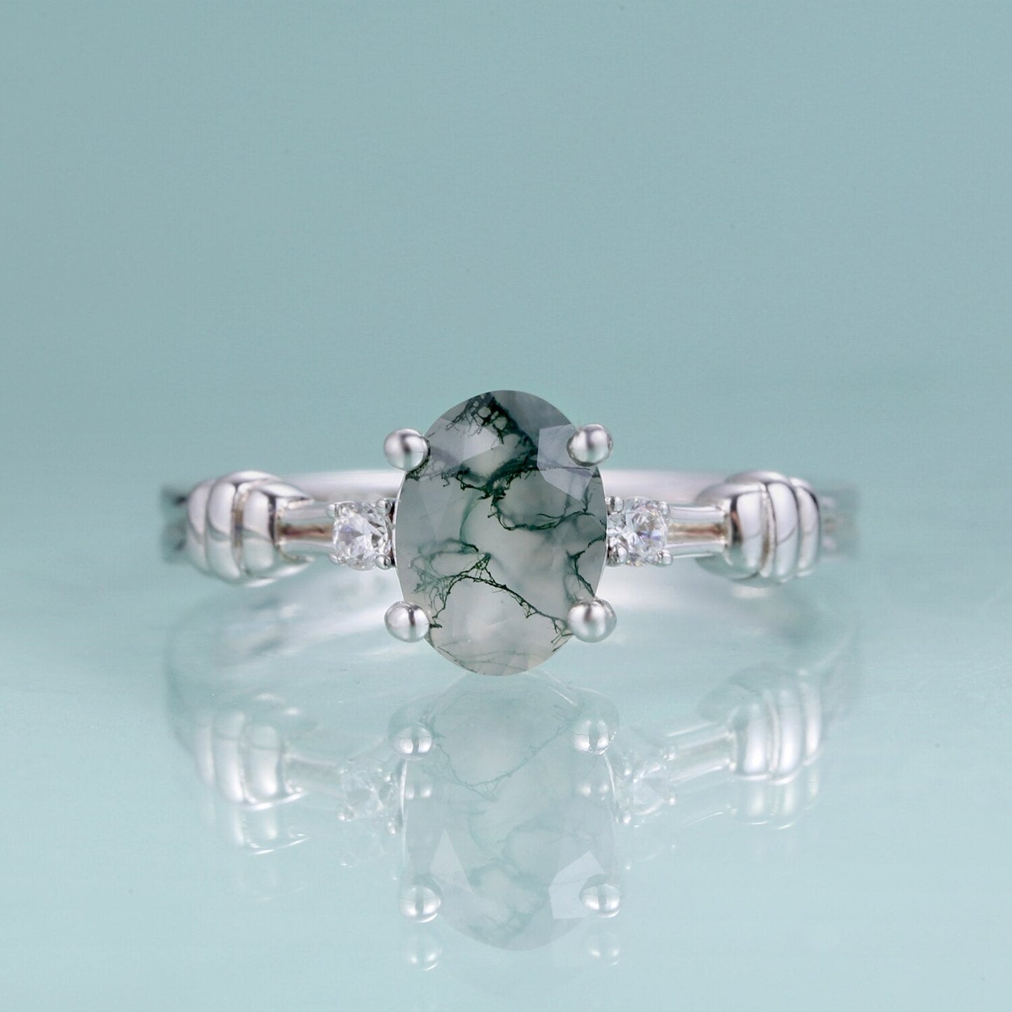 Nature-inspired moss agate engagement ring in silver