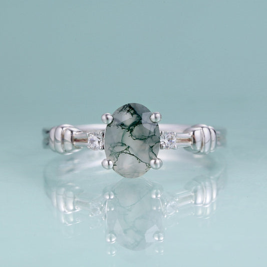Nature-inspired moss agate engagement ring in silver