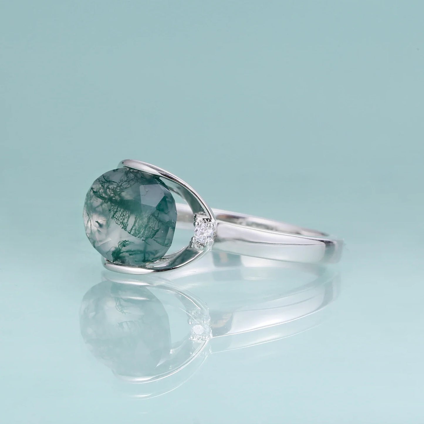 Vintage moss agate ring large stone green moss agate engagement ring silver for women