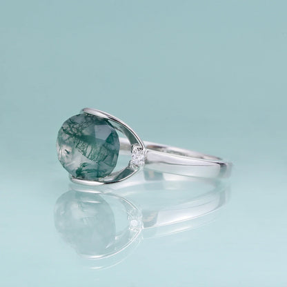 Vintage moss agate ring large stone green moss agate engagement ring silver for women