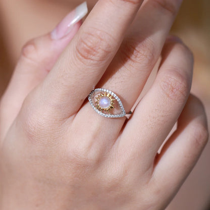 Evil eye ring with a natural moonstone unique adjustable ring