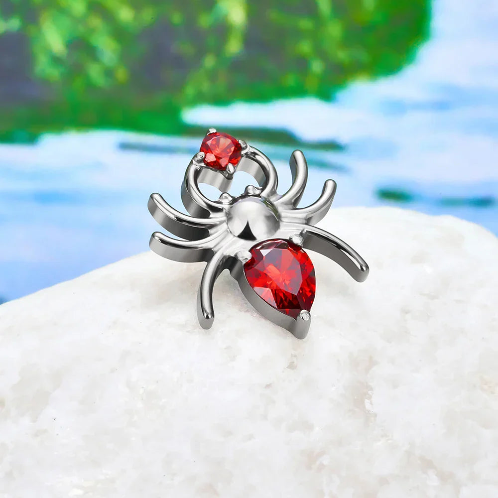 Spider nose stud with a clear pink or red diamond spider stud earring titanium piercing stud