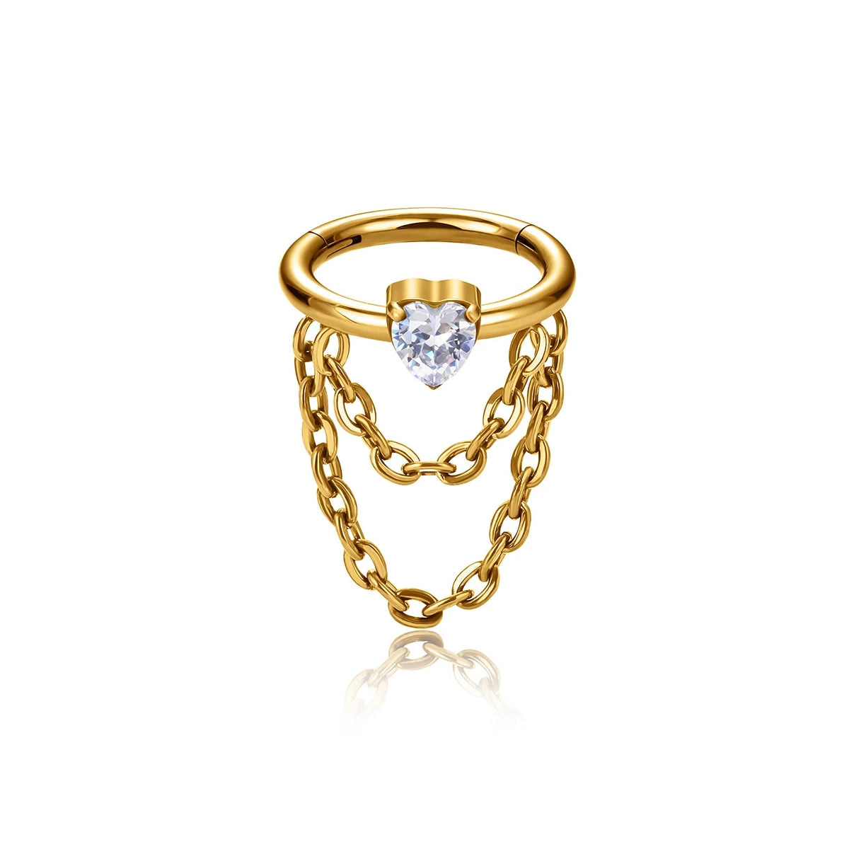 Conch hoop with chain 16G with a heart CZ stone chain conch earring silver and gold titanium hinged clicker