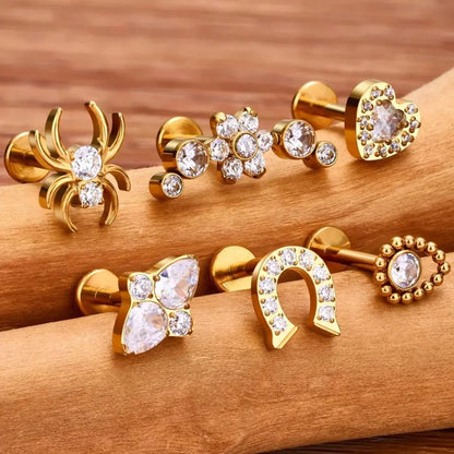 Spider stud earring with clear diamond cz in gold titanium spider nose stud