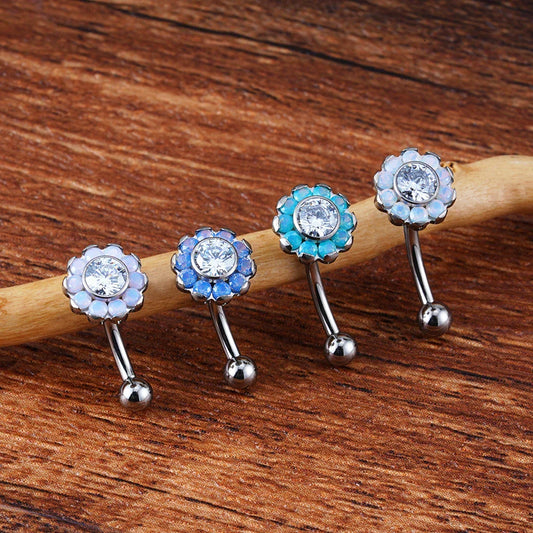 Pretty vertical labret piercing flower shape with opal and clear CZ stones cute and unique titanium curved barbell 16G