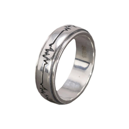 Spinning fidget ring heart beat pulse line sterling silver band