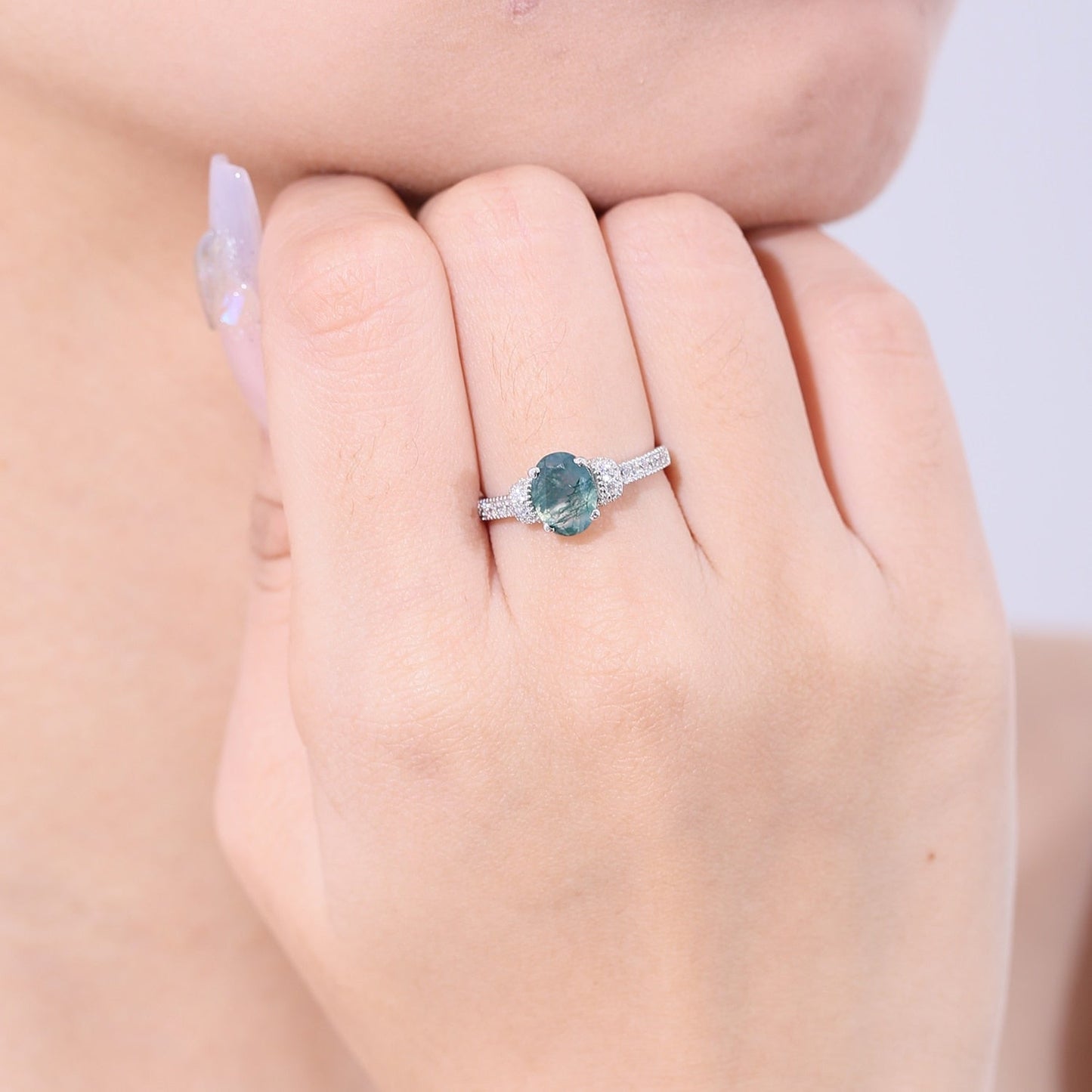 Silver moss agate ring oval cut pave setting art deco style