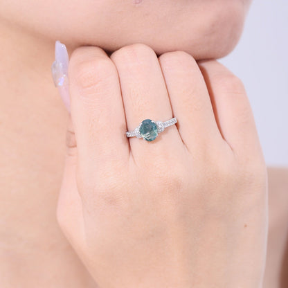 Silver moss agate ring oval cut pave setting art deco style
