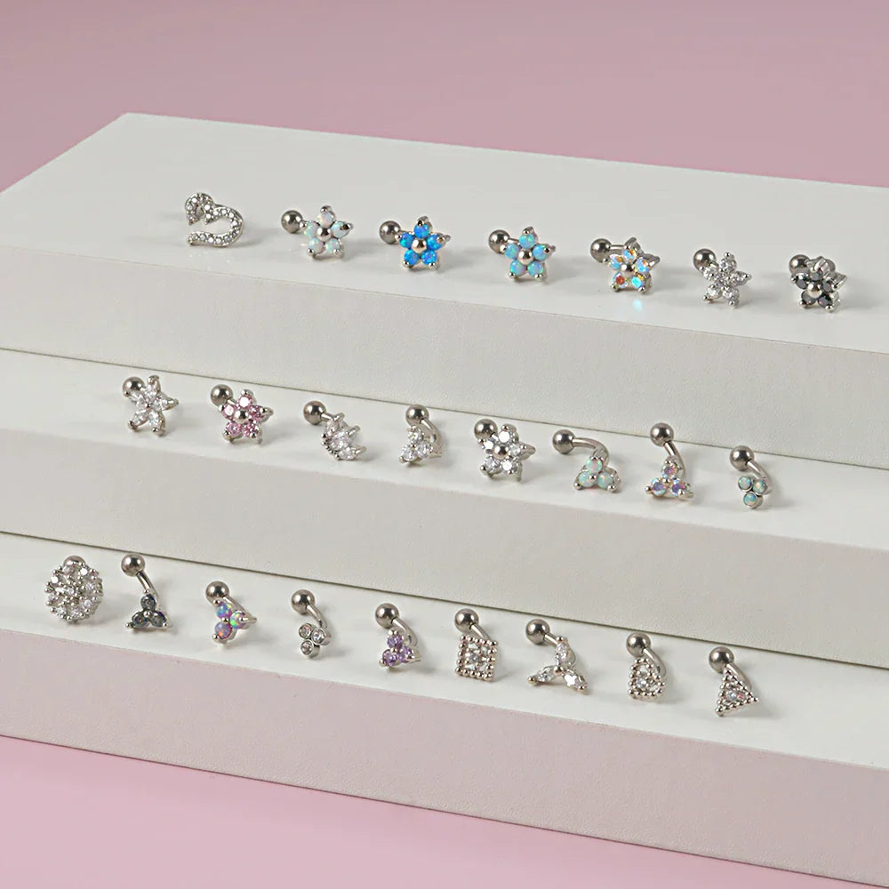 Jestrum lip piercing with 3 dots white blue opal clear CZ stone titanium curved barbell