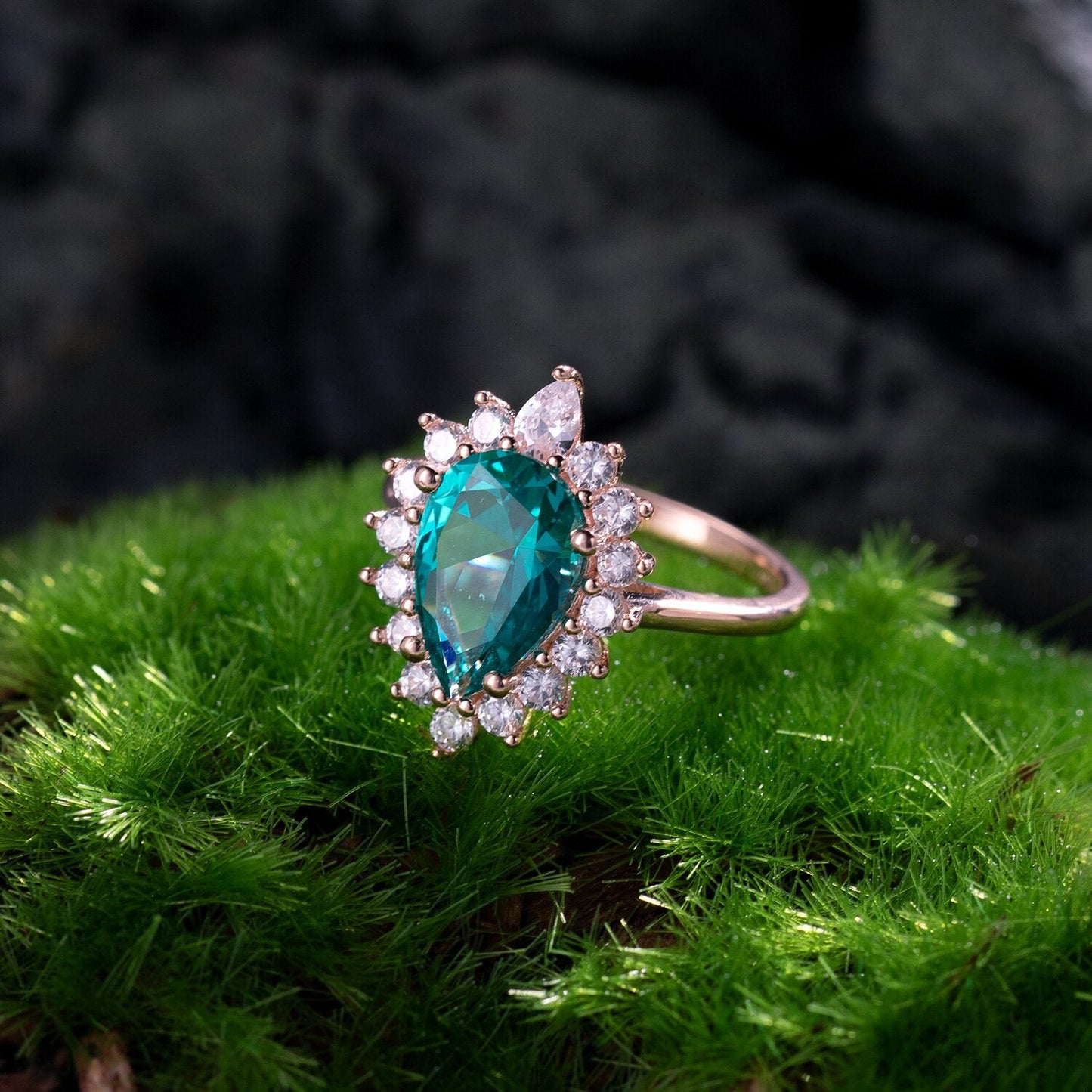 Green emerald engagement ring lab created rose gold teardrop